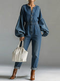Women's V-neck Long-sleeved Casual Loose Denim Wide-leg Jumpsuit