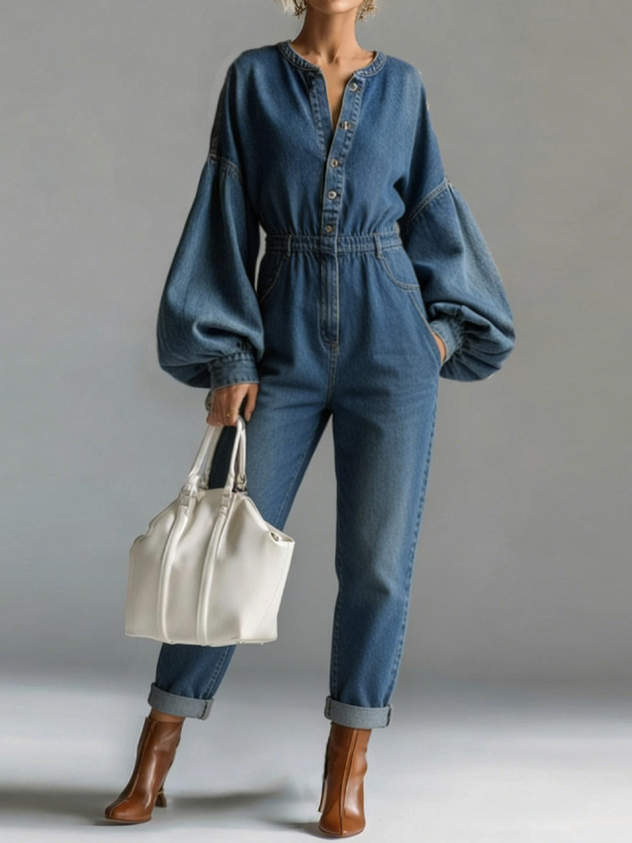 Women's V-neck Long-sleeved Casual Loose Denim Wide-leg Jumpsuit