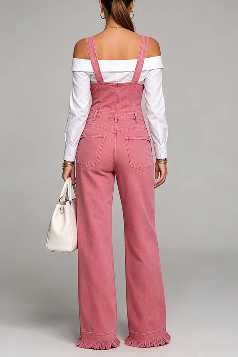 Women's Casual Versatile Fringe Hem Denim Overalls Jumpsuit