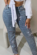 Women's Rhinestone Slim-Fit Pocket Ripped Jeans