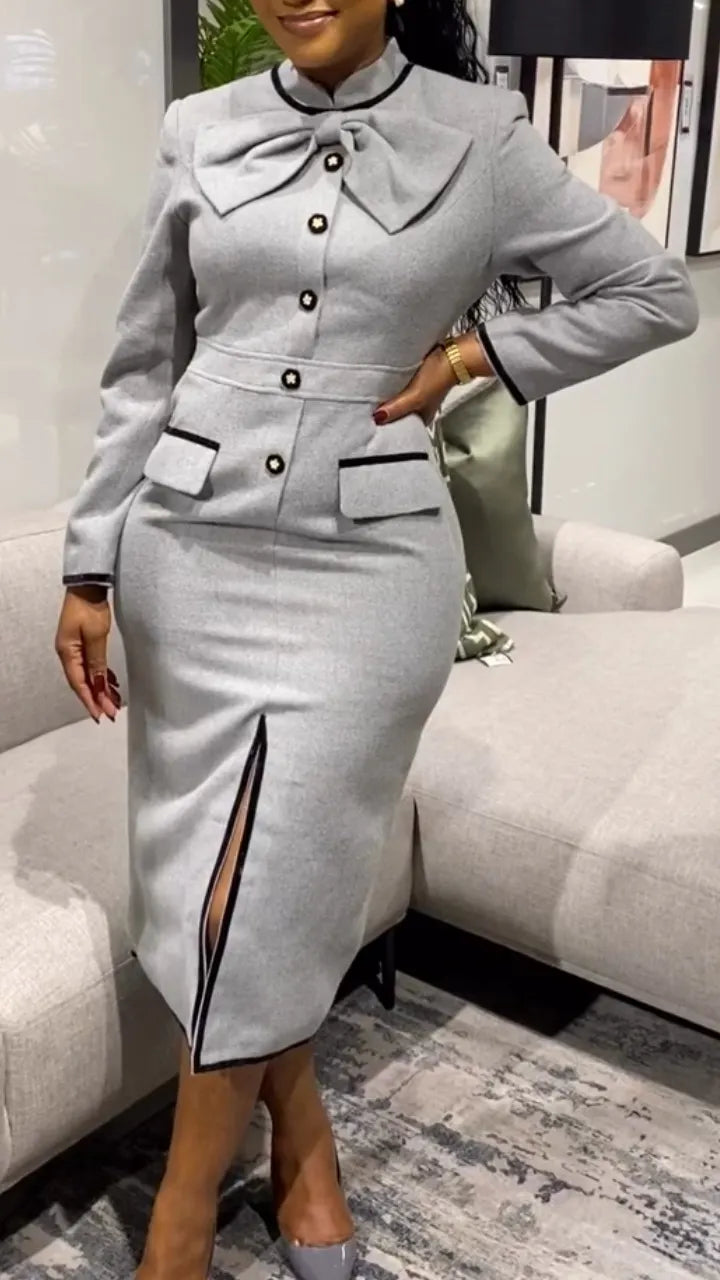Women Round Neck Long Sleeved Patchwork Slit Style Commuting Midi Dresses
