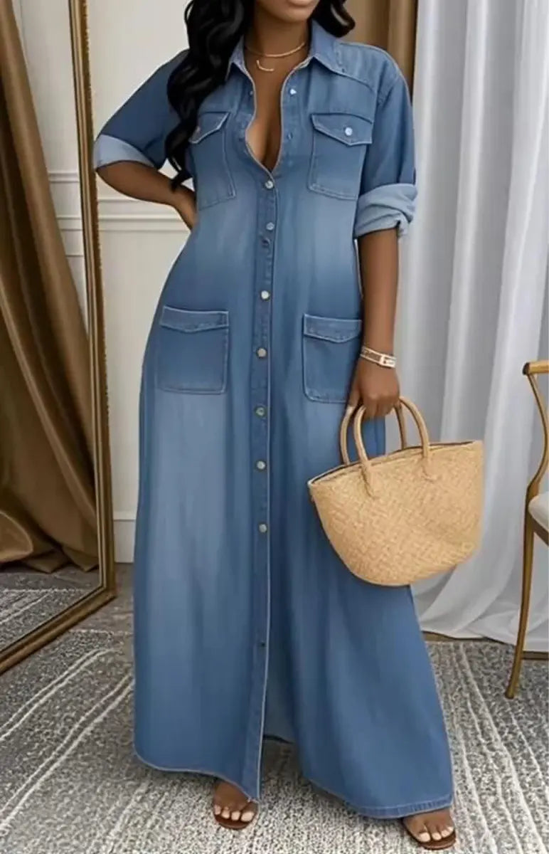 Women's Lapel Long-sleeved Button Casual Loose Denim Shirt Dress