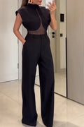 Women's Fashion Mesh Patchwork Wide Shoulder Vest Pants Two-Piece Set
