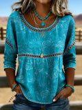 Women's Vintage Print Casual Hollow Denim Shirt