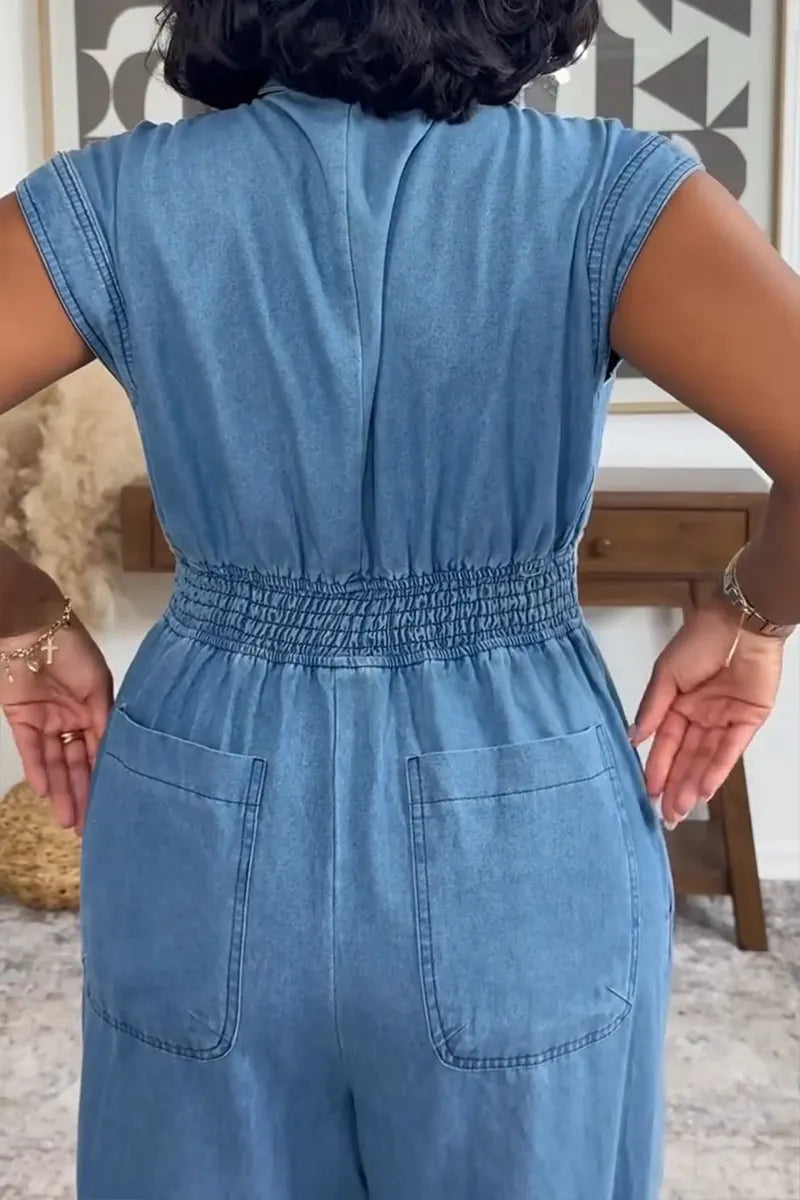 Women's Casual Wide Shoulder Hem Drawstring Denim Jumpsuit