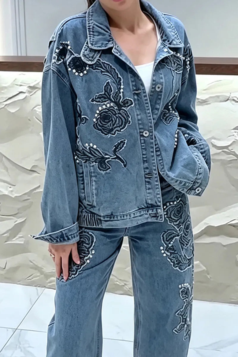 Women's Casual Embroidery Rhinestone Decoration Denim Jacket or Jeans