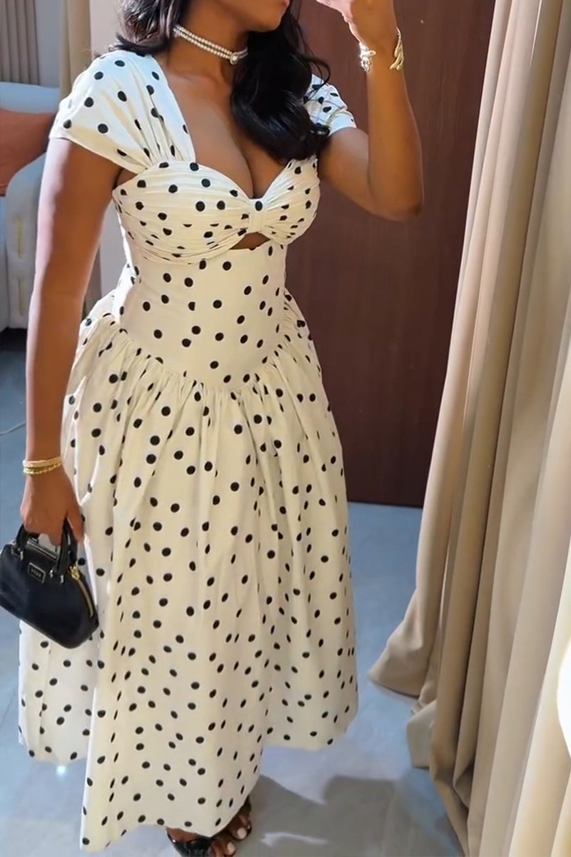 Women's Vacation Waist Cinching Pleated Polka Dot Maxi Dress