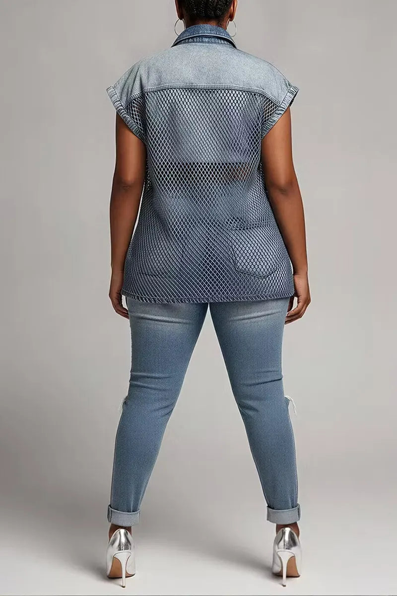 Women Casual Mesh Splice Washed Denim Sleeveless Collared Button Down Shirt