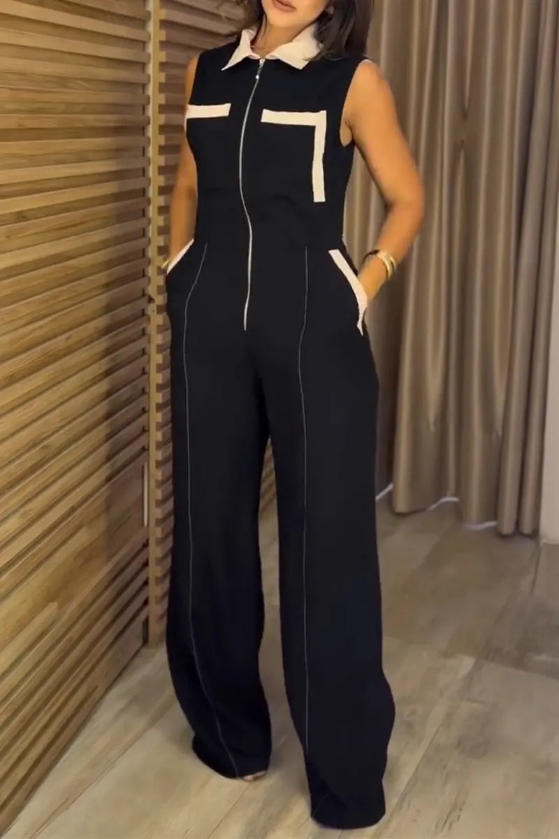 Women's Collar Zipper Sleeveless Casual Jumpsuit