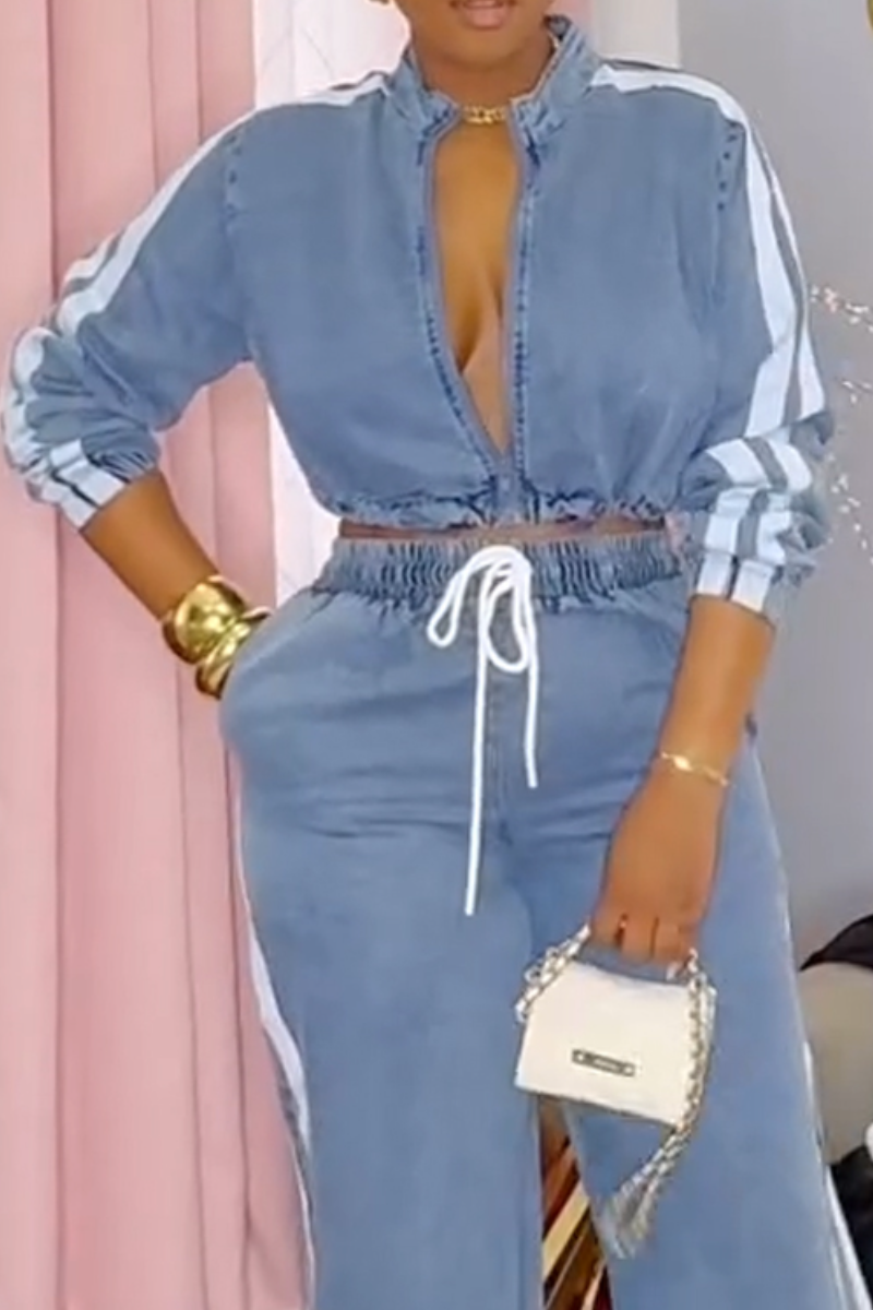 Women's Round Neck Vertical Striped Denim Jacket or Wide Leg Jeans