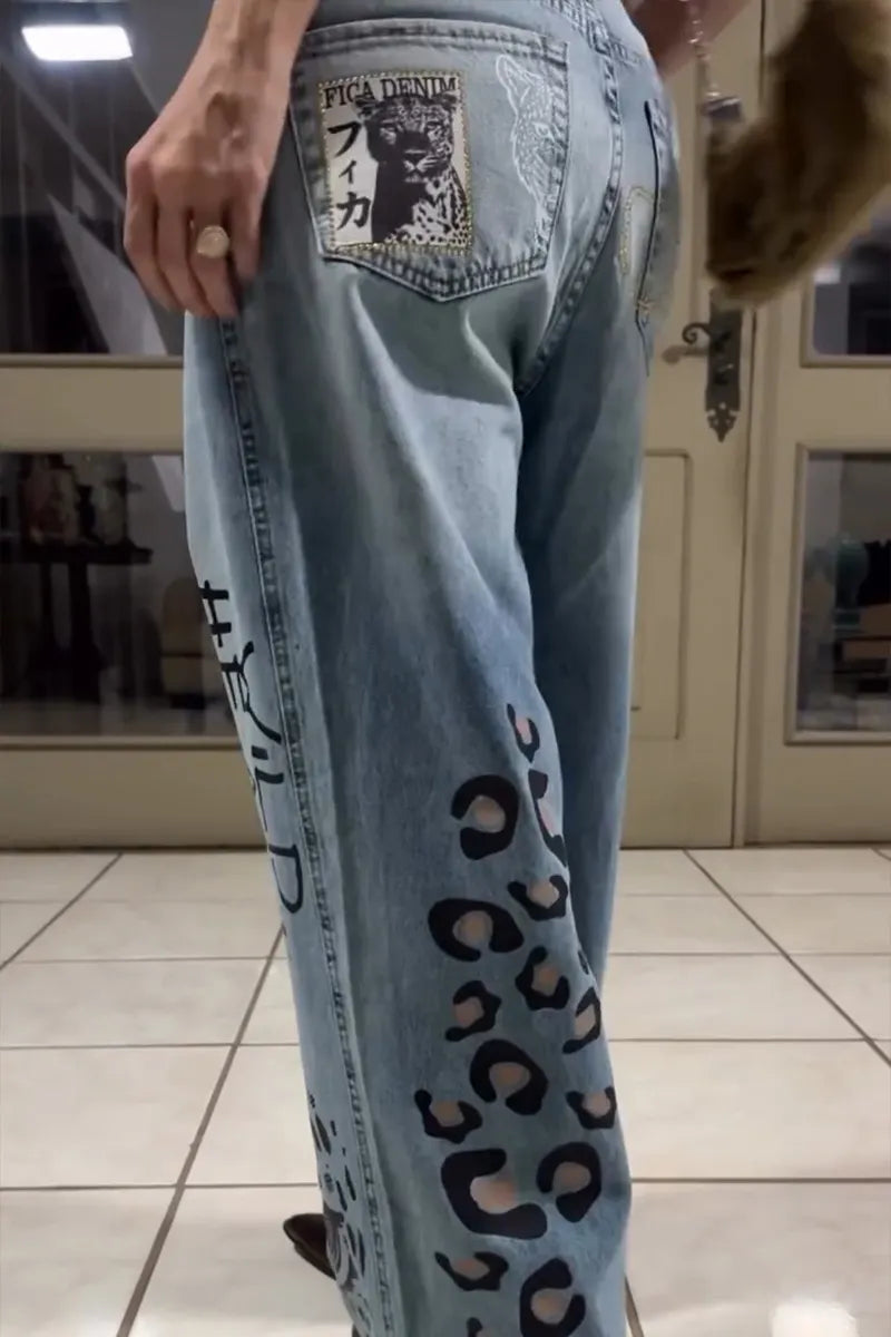 Women's Casual Pattern Print Rhinestone Trim Jeans