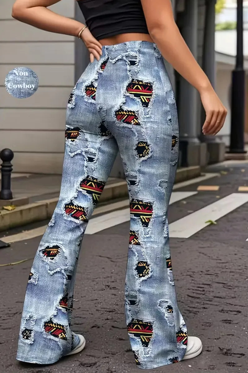 Women's  Streetwear Aztec Patchwork Print Distressed Flare Denim Trousers