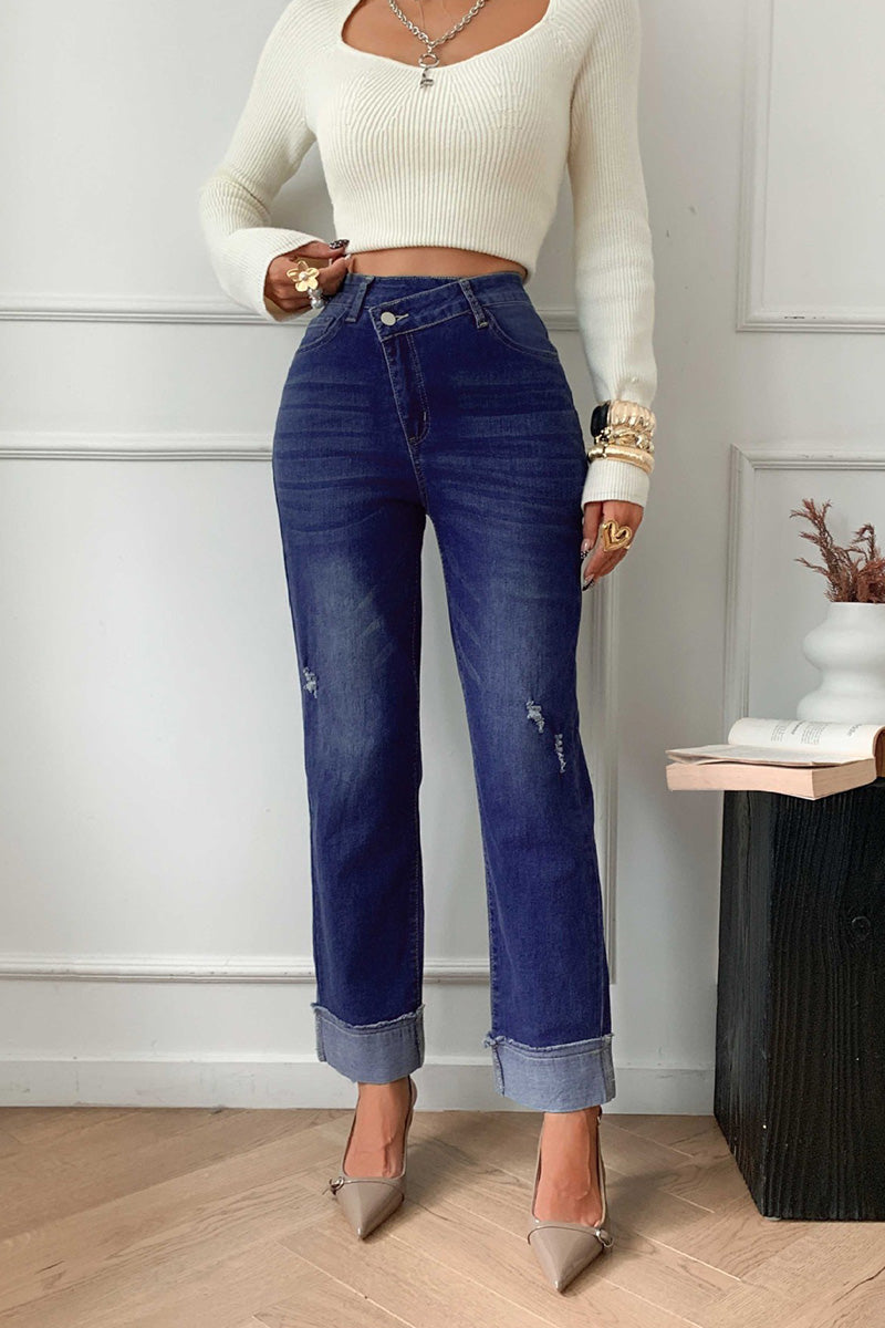 Women's Asymmetric Waistband Wash Straight Jeans
