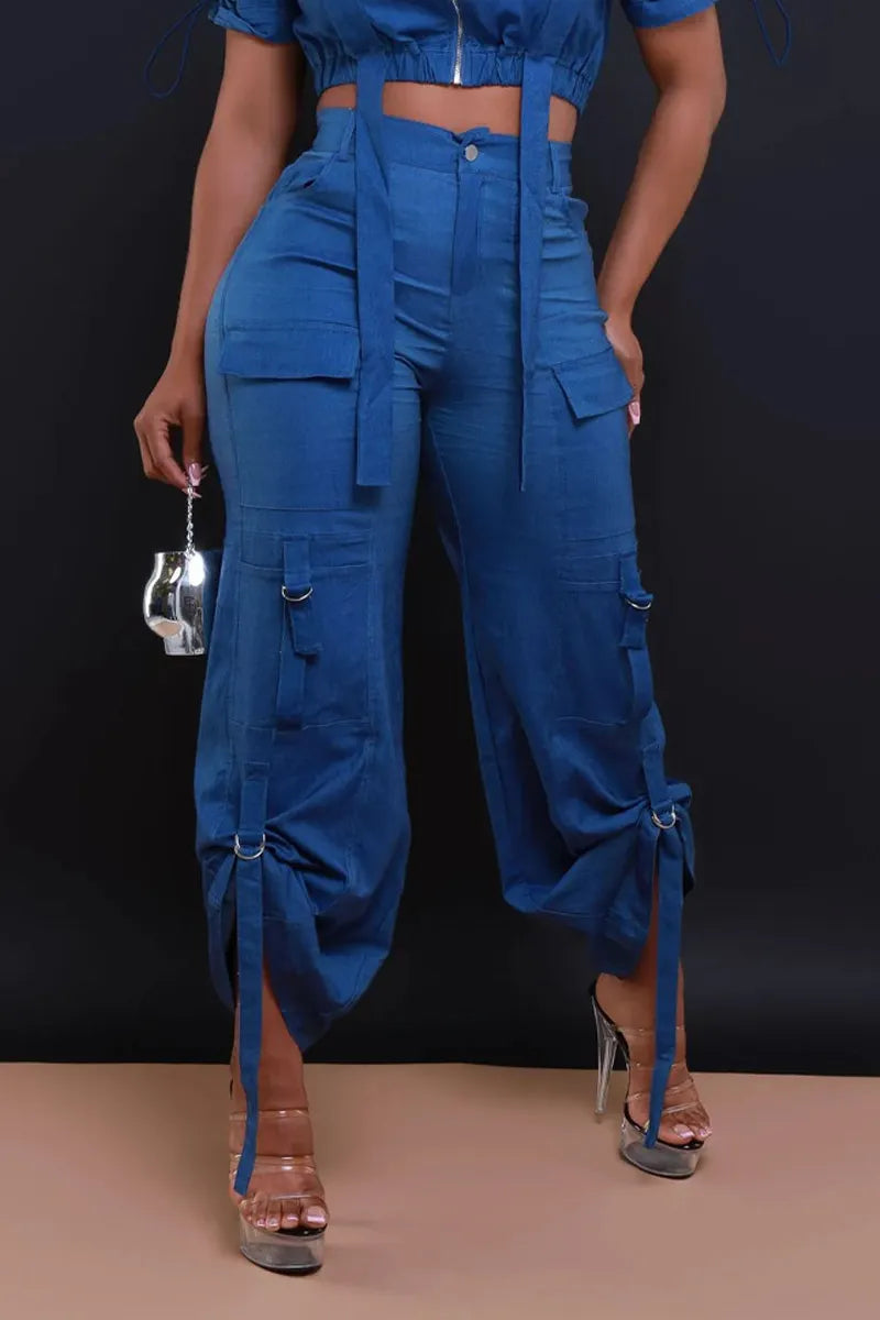 Women's Short Sleeve Stand Collar Zip Front Drawstring Ruched Crop Top Or High Waist Multi-Pocket Cargo Pants With Adjustable Tie Straps