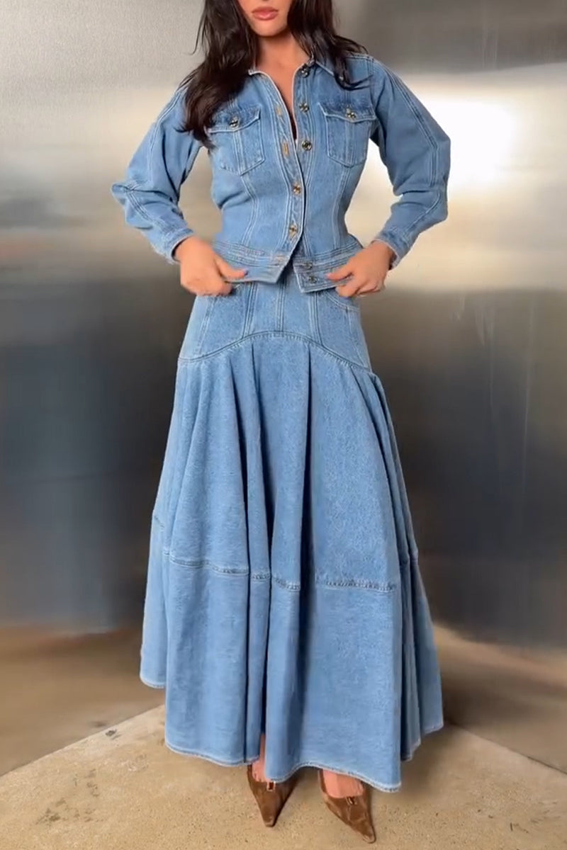 Women's Fashion Waist Cinching Tie Denim Jacket or Patchwork Skirt