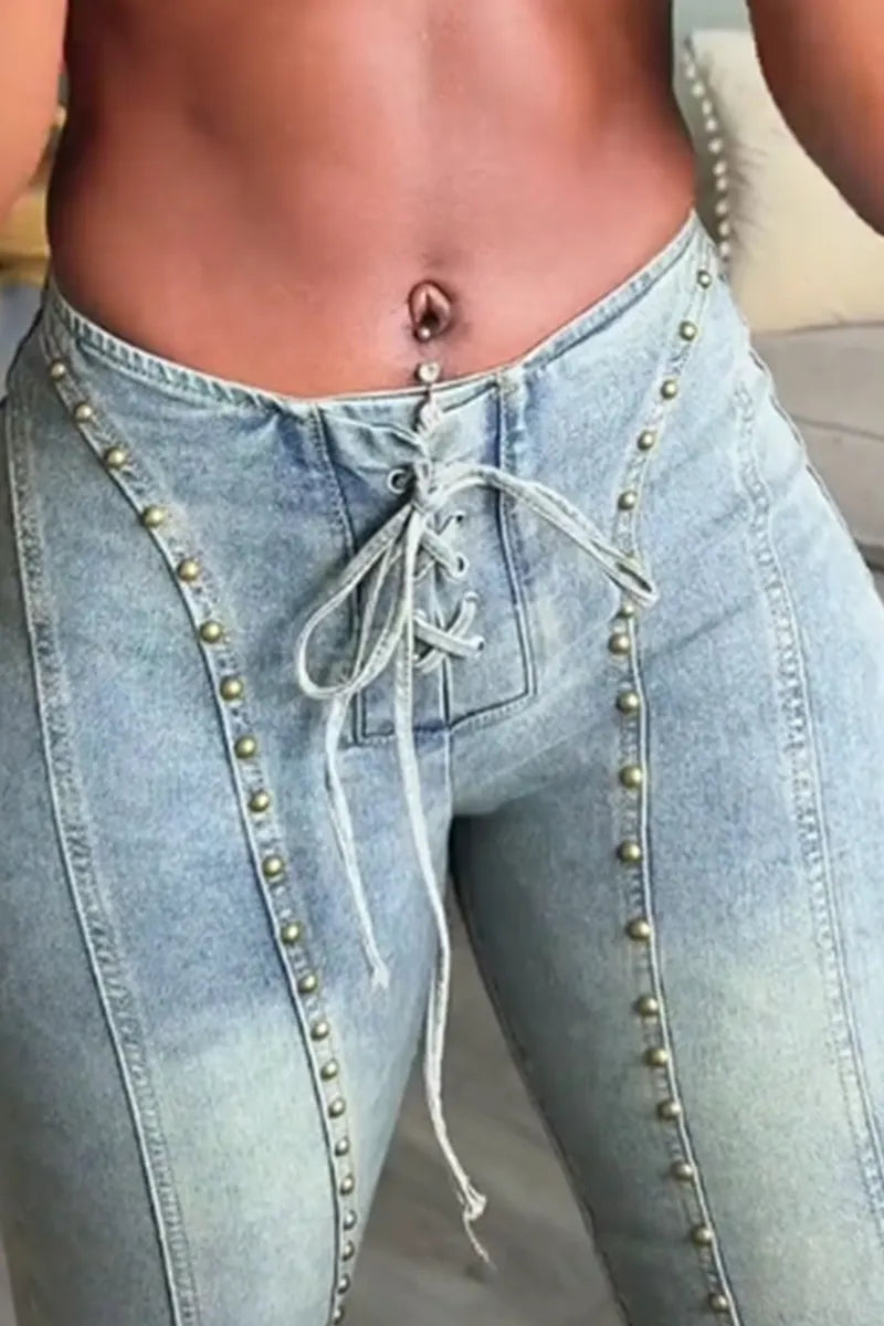 Women's Street Style Drawstring Studded Skinny Flare Jeans