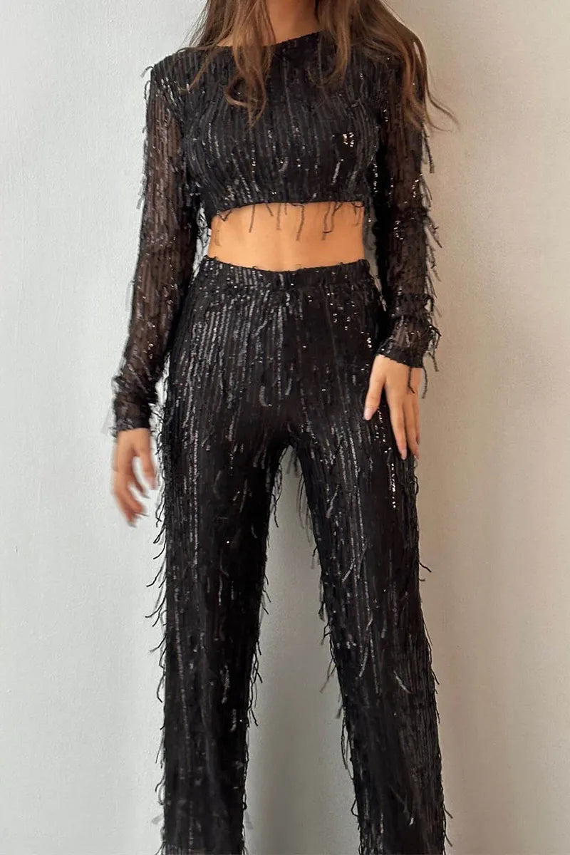 Women's Party Sequin Fringe Pants Set