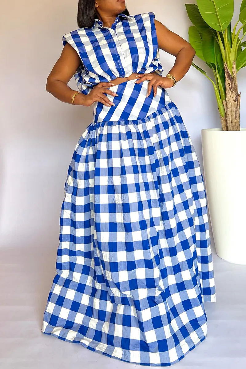 Women's Collar Plaid Top+ Half Skirt Elegant Casual Set