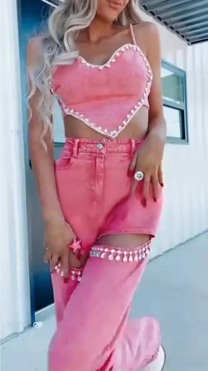 Women Suspender Heart-shaped Top+ Pants Sexy Casual Suit