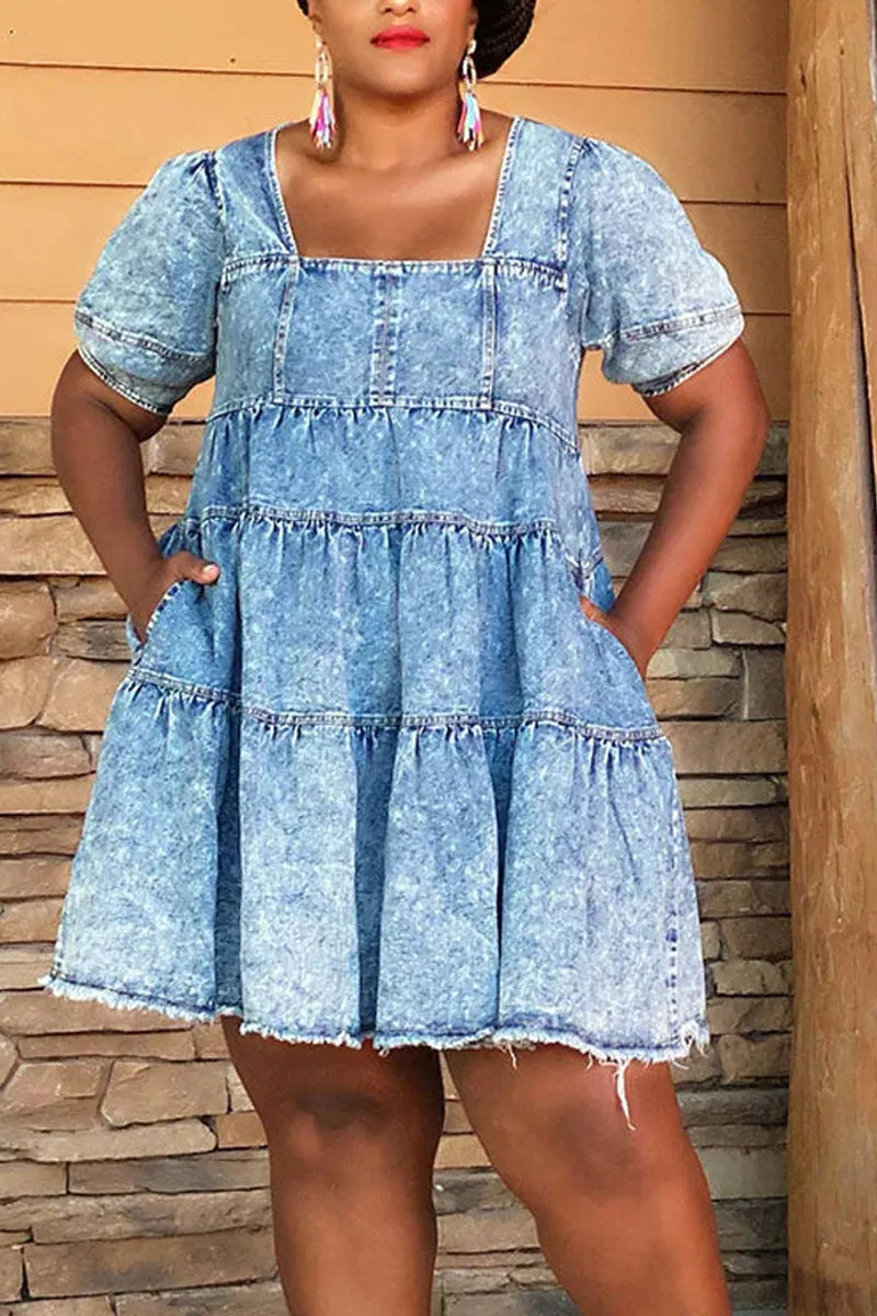 Ladies' Hot Selling Casual Round Neck Bubble Sleeve Half Sleeve Bow Denim Mini Dress