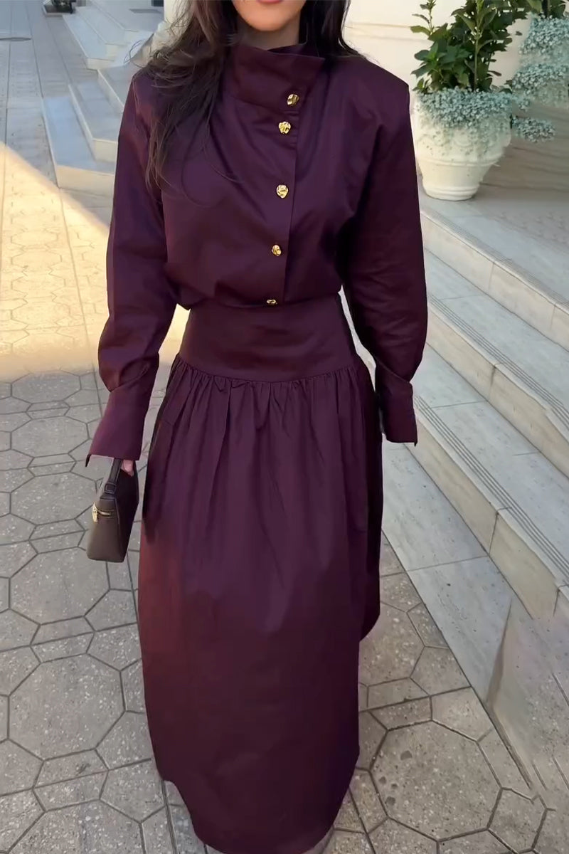 Women's Stand Up Collar Breasted Top+ Skirt Elegant Temperament Set