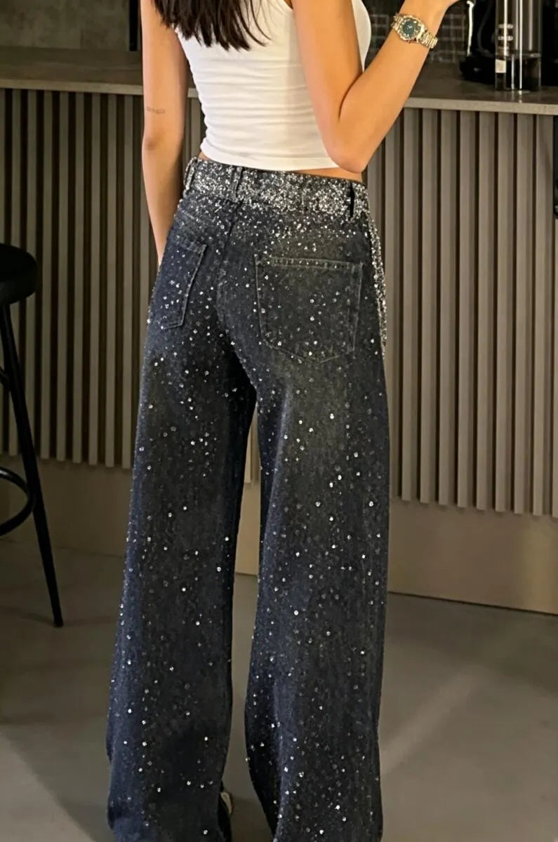Women's Hot Stamping Rhinestone Casual Wide Leg Jeans