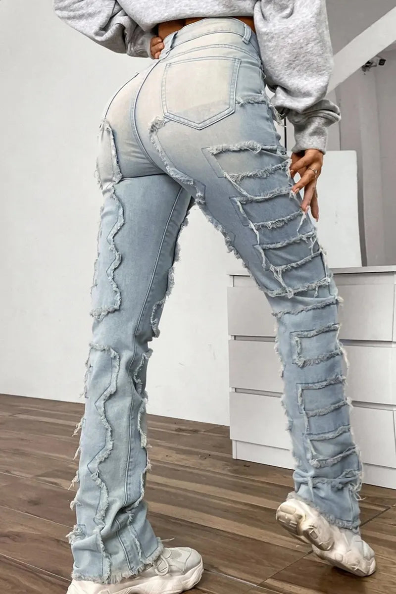 Women's Street Style Distressed Raw Hem Layered Patchwork Jeans