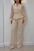 Women's Collar Patchwork Tassel Jacket+ Pants Temperament Commuting Set