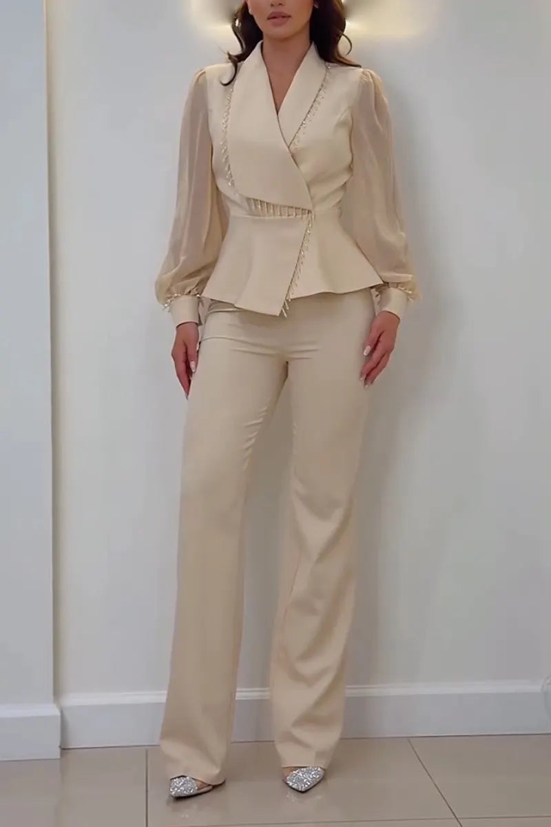 Women's Collar Patchwork Tassel Jacket+ Pants Temperament Commuting Set