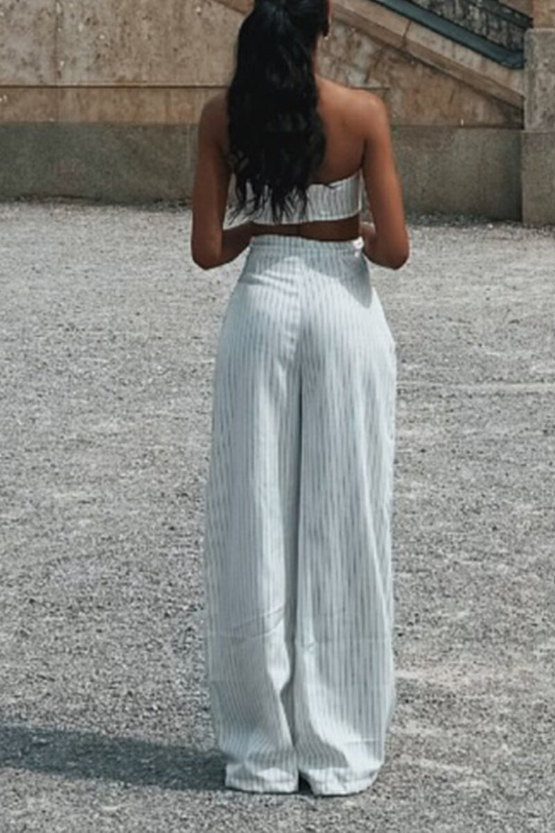 Women's Fashion Large Button Decoration Strapless Pants Stripe Two-Piece Set