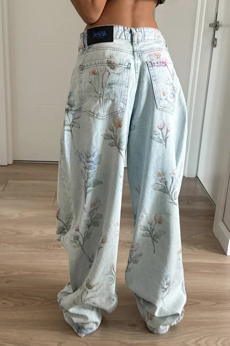 Women Printed Ripped Casual Denim Wide Leg Pants
