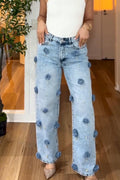 Women's Casual Flower Rhinestone Decoration Straight Jeans