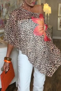 Women Slanted Neck Leopard Print Casual Cover Shirt