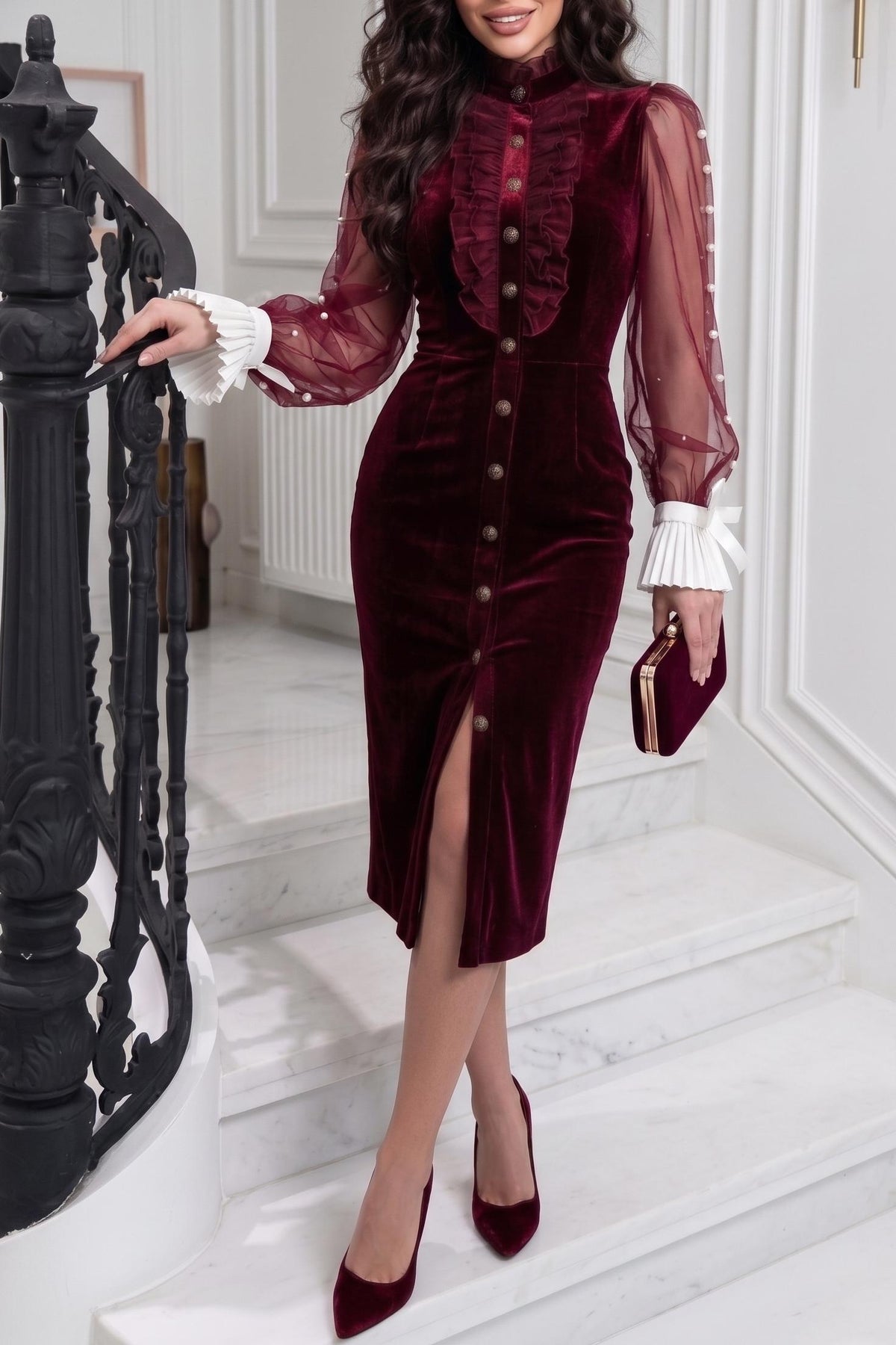 Women's Elegant Velvet Midi Dress Sheer Mesh Lantern Sleeve Ruffle Front Button Down Bodycon Party Dress with Slit