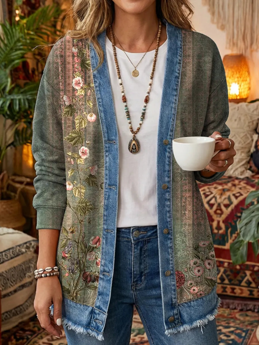 Women's Retro Bohemian Floral Art Print Casual Long-Sleeved Washed Cotton Denim Cardigan Coat