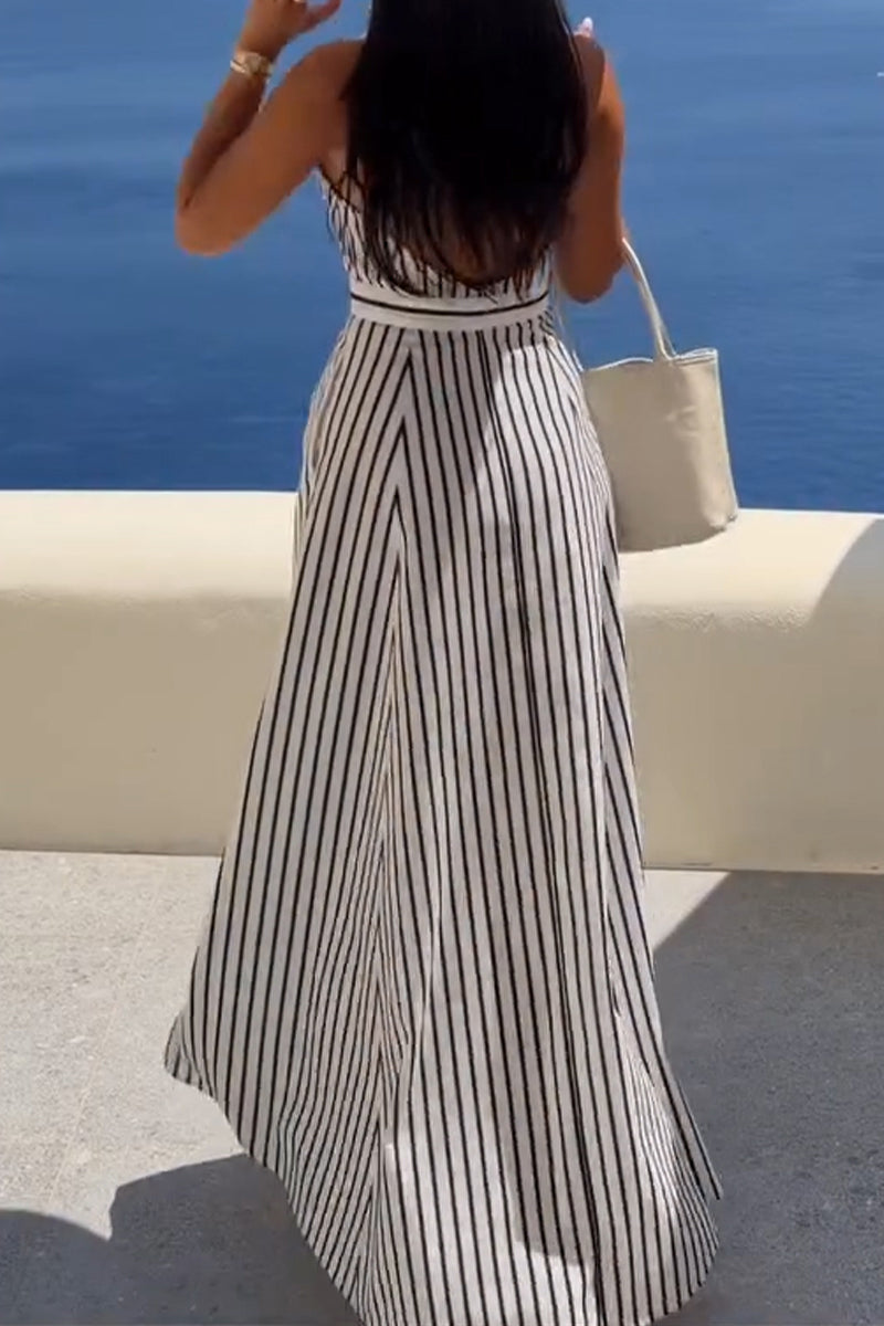 Women's Fashion Vacation Lapel Stripe Maxi Dress