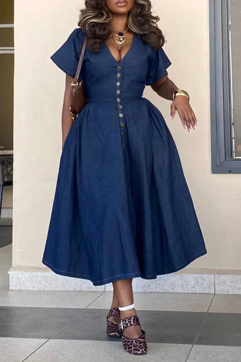 Women V-neck Breasted Waist Cinched Elegant Casual Denim Dress