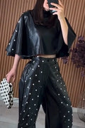 Women's Round Neck Leather Short Cape Style Top or Polka Dot Casual Leather Pants