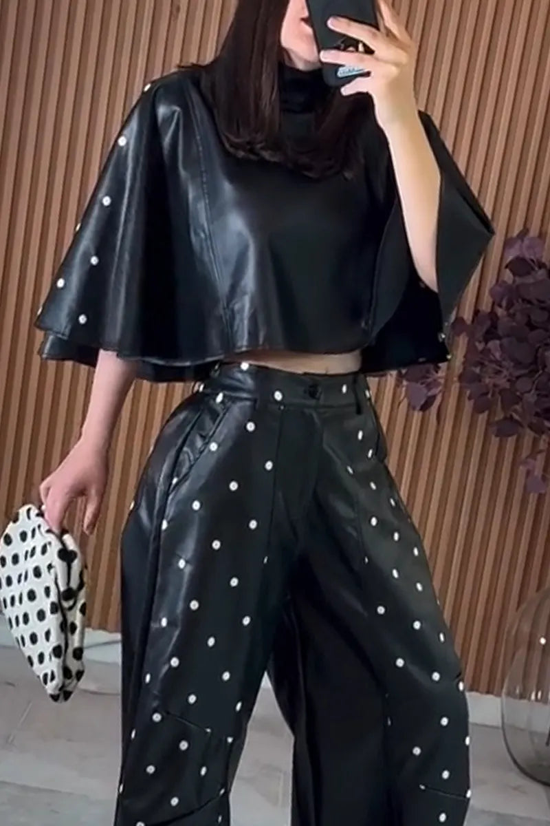 Women's Round Neck Leather Short Cape Style Top or Polka Dot Casual Leather Pants