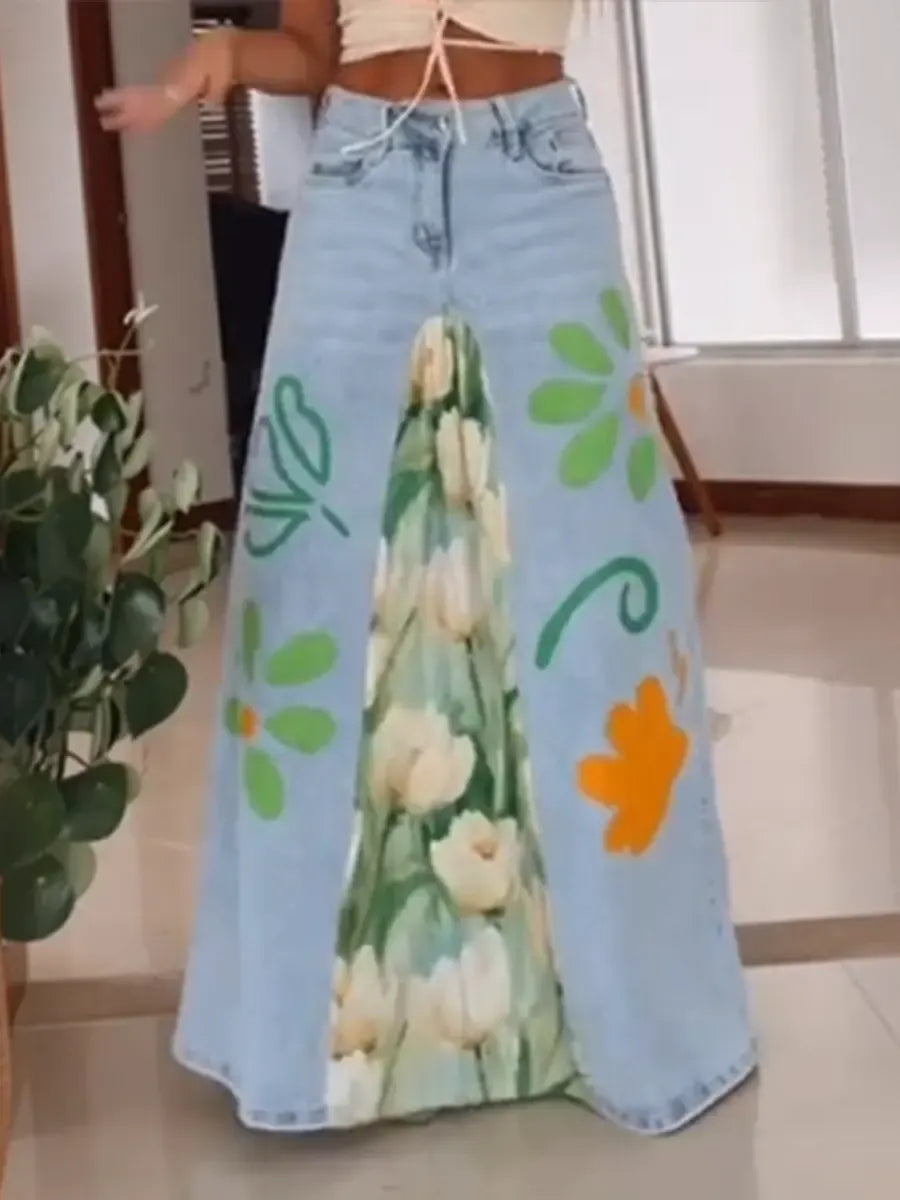 Women's Casual And Fashionable Patchwork Floral Print Denim Skirt