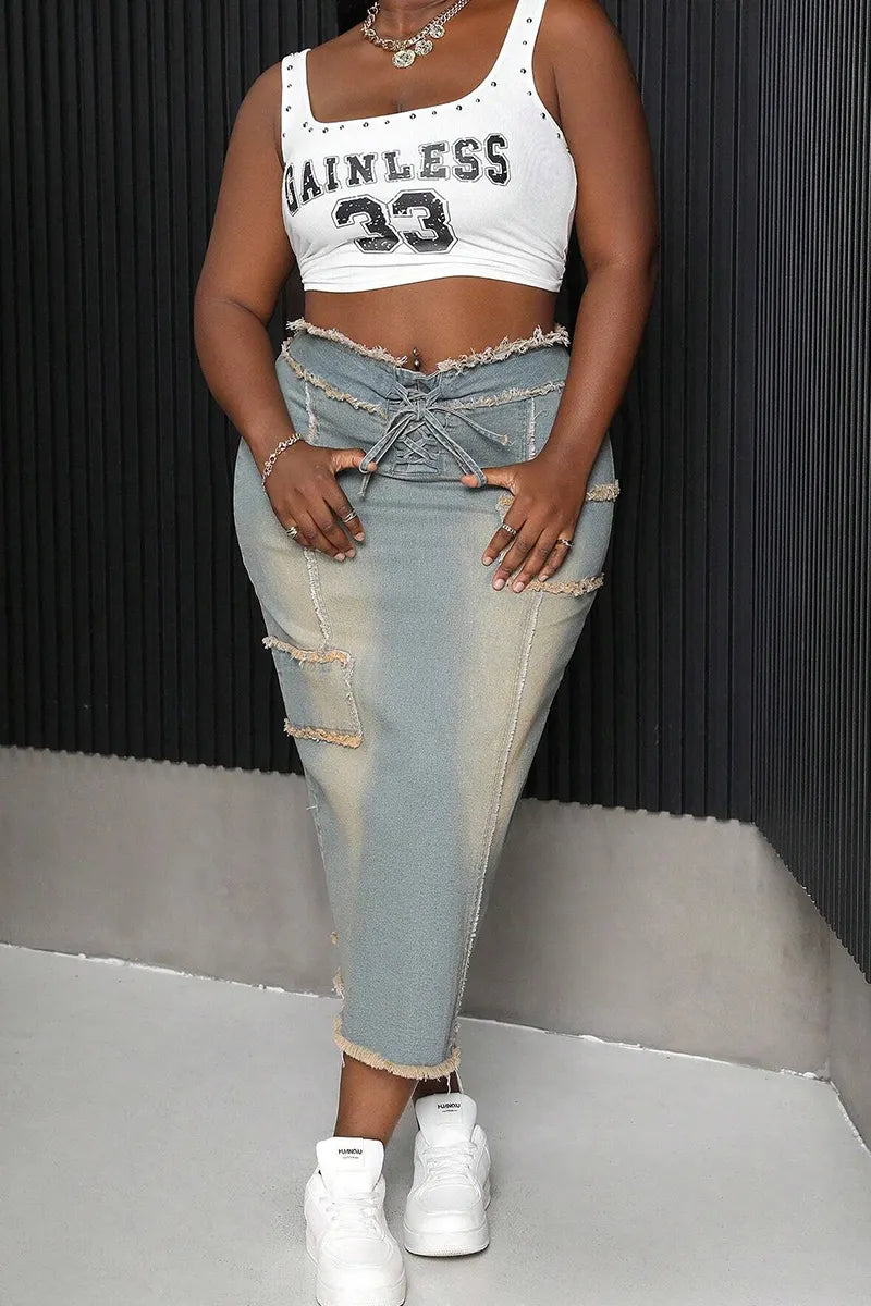 Women Solid White Stretch Rib Crew Neck Number Print Cropped Sleeveless Tank Top