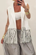 Women's Sleeveless Open-Front Blazer Vest with Sequin Tassel Trim