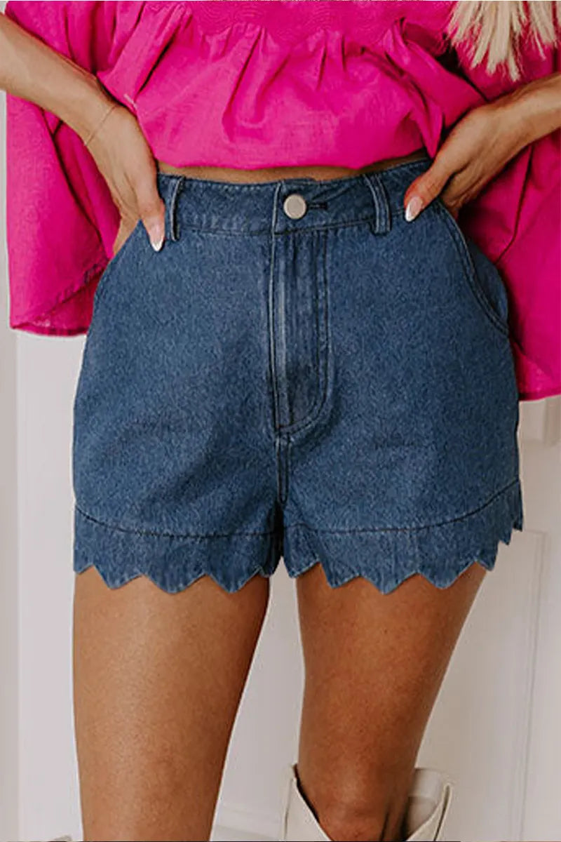 Women's Casual Loose Wide Leg Wavy Hem Denim Shorts