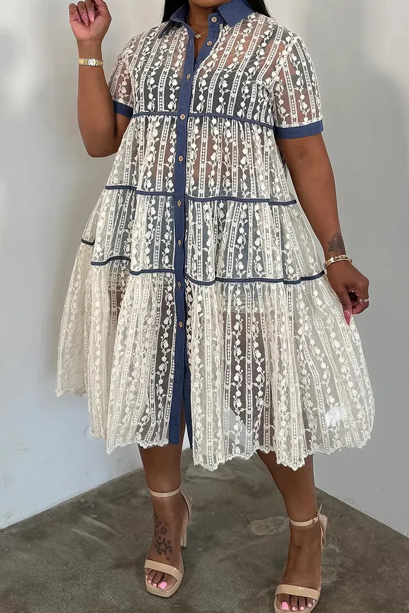 Ladies' Fashionable Casual Lace V-Neck Short Sleeved Contrasting Button Top Denim Mid Length Skirt