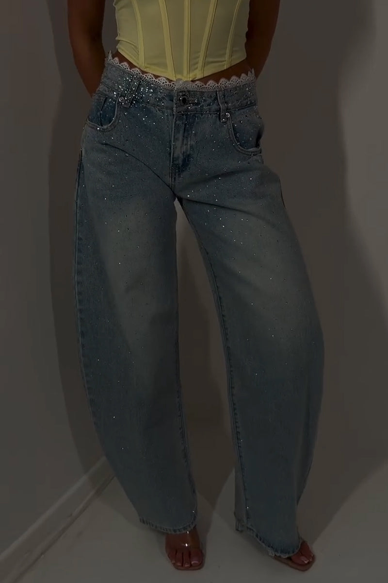 Women's Washed and Spliced Rhinestone Casual Jeans