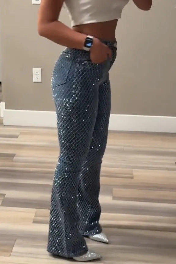 Women's Fashion Sparkling Plaid Rhinestone Jeans
