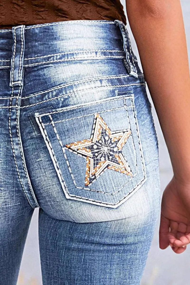 Women's Casual Embroidered Straight Leg Washed Jeans