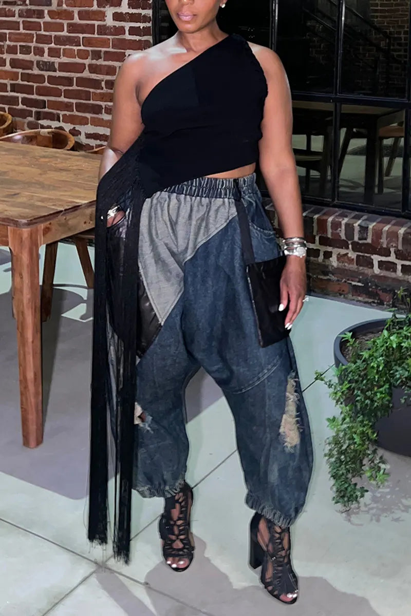 Women's Casual Color Block Trim Leather Panel Jeans