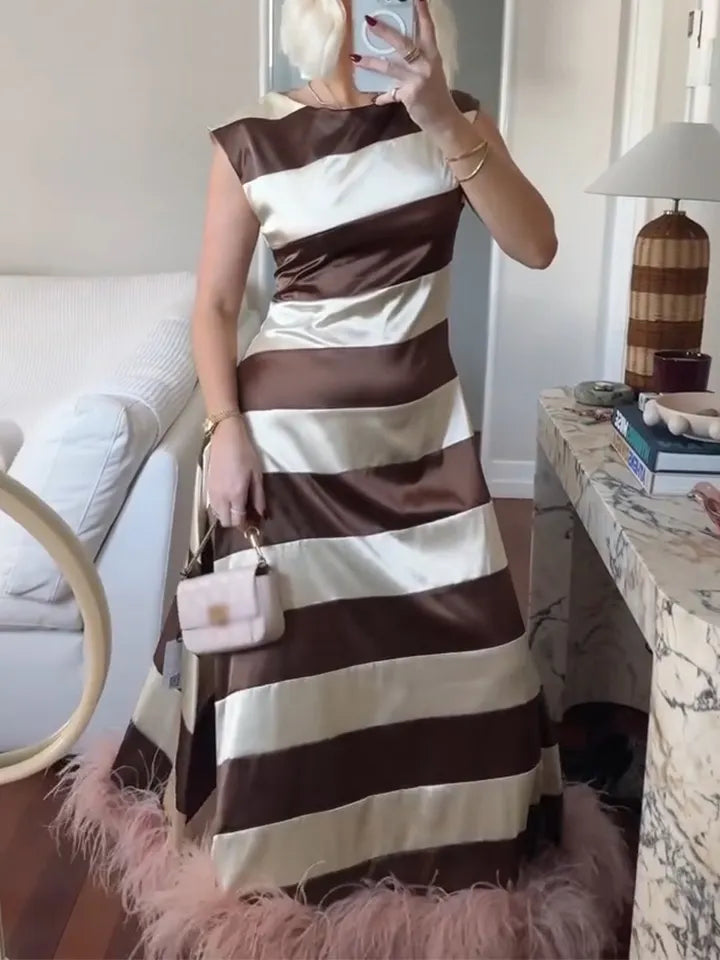Women Round Neck Spliced Woolen Strip Elegant Temperament Dress