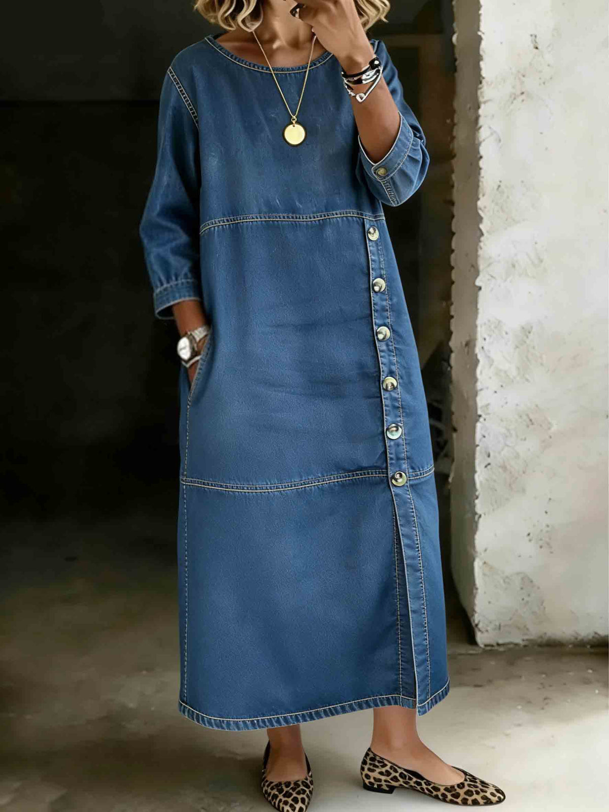 Women's Loose-fitting Denim Long Shirt Dress With Side Slits And Buttons